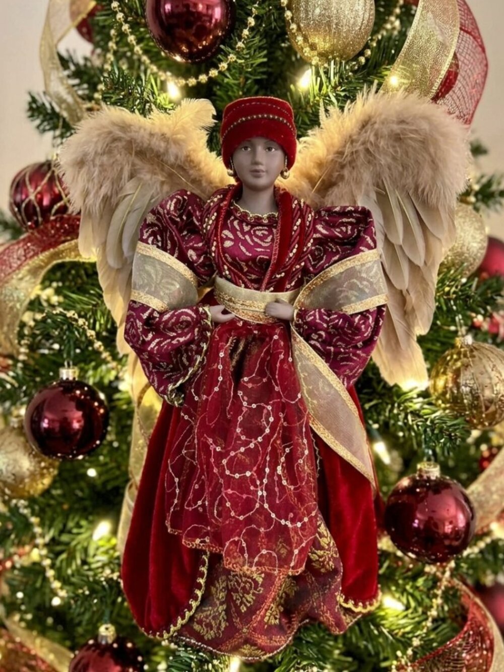 Vintage-Style African American Porcelain Angel - Red Velvet & Gold Tree Topper